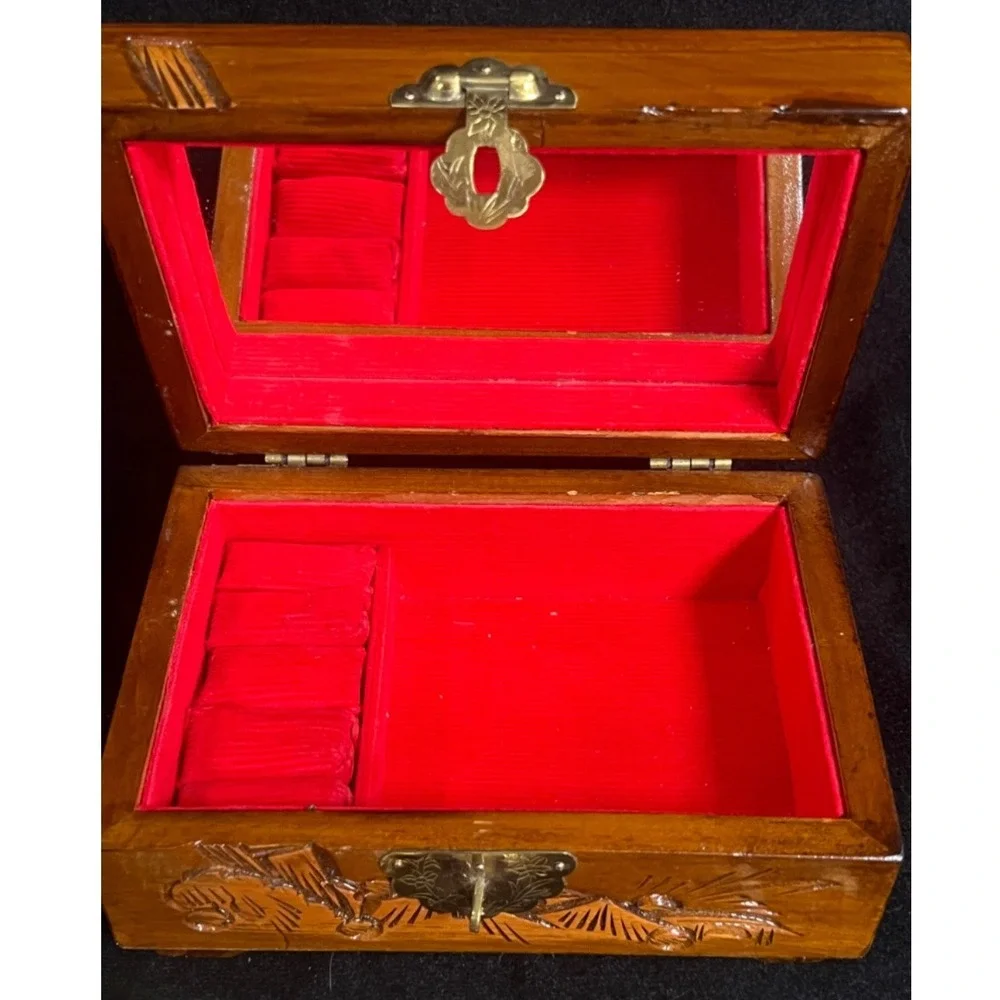 Vintage Carved Wood Jewelry Trinket Box Brass Closure & Hinges Red Lining Mirror